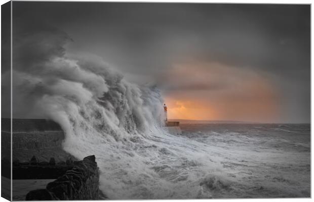Porthcawl lighthouse during a storm Canvas Print by Bryn Morgan
