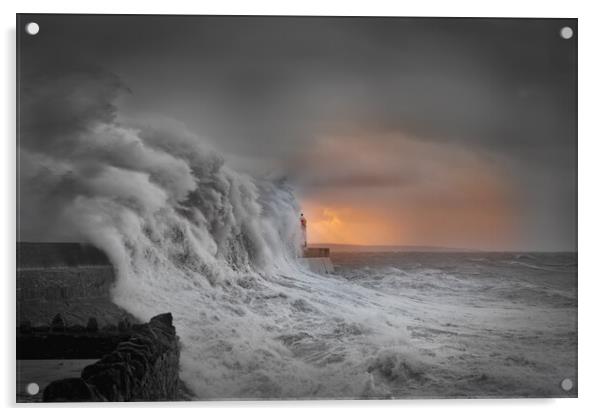 Porthcawl lighthouse during a storm Acrylic by Bryn Morgan