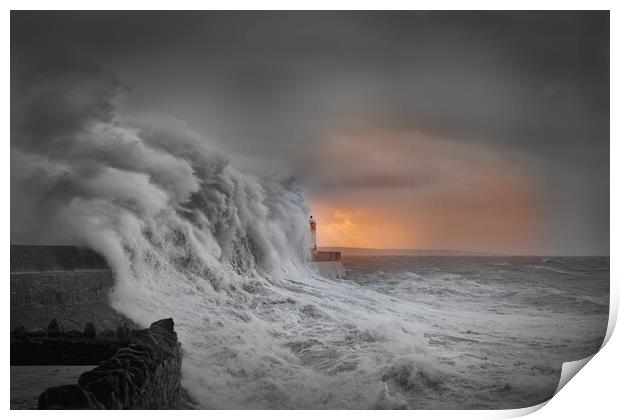 Porthcawl lighthouse during a storm Print by Bryn Morgan