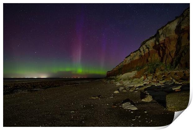 The Northern lights dancing over Hunstanton beach  Print by Gary Pearson