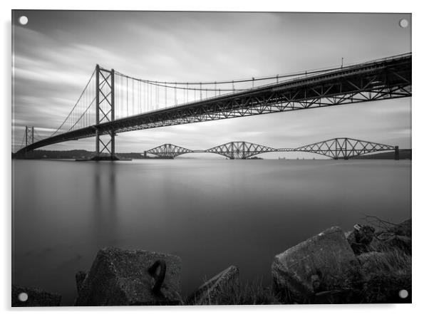 The Forth Bridges in Black and White  Acrylic by Anthony McGeever