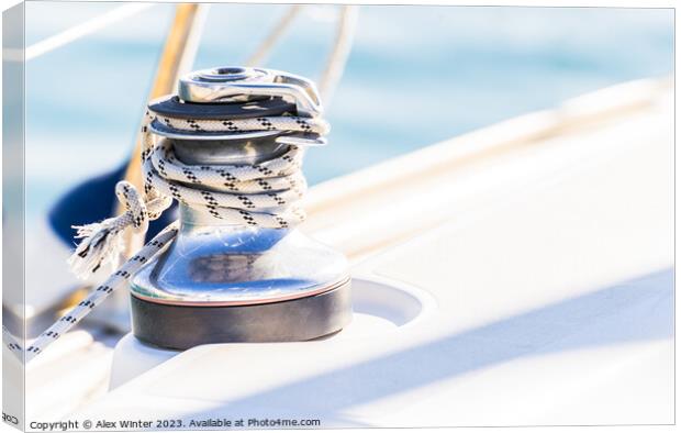 Close-up of winch with nautical rope on boat deck Canvas Print by Alex Winter