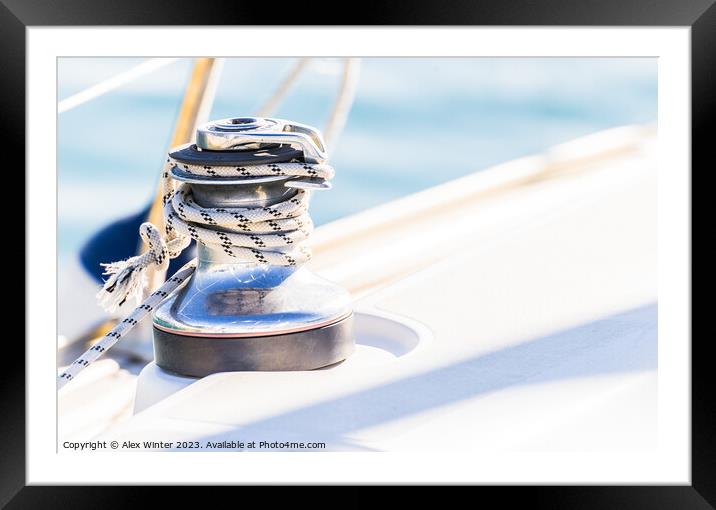 Close-up of winch with nautical rope on boat deck Framed Mounted Print by Alex Winter