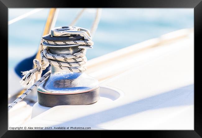 Close-up of winch with nautical rope on boat deck Framed Print by Alex Winter