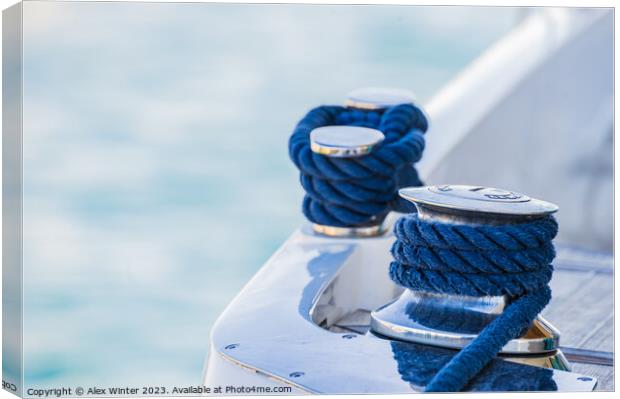 Detail view of motorboat yacht rope cleat on boat  Canvas Print by Alex Winter