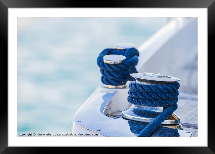Detail view of motorboat yacht rope cleat on boat  Framed Mounted Print by Alex Winter