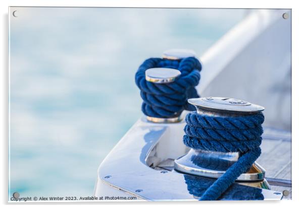 Detail view of motorboat yacht rope cleat on boat  Acrylic by Alex Winter