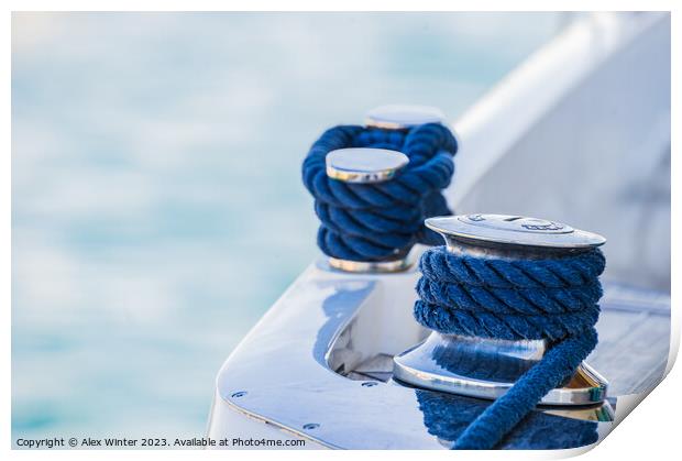 Detail view of motorboat yacht rope cleat on boat  Print by Alex Winter