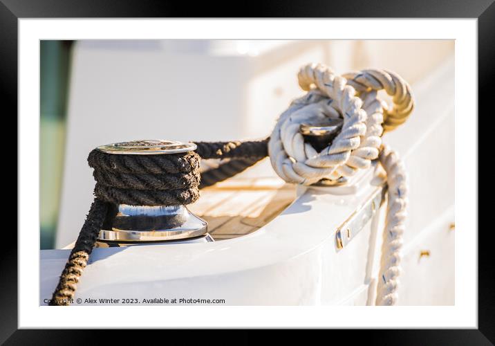 Close-up of cleat and nautical rope Framed Mounted Print by Alex Winter