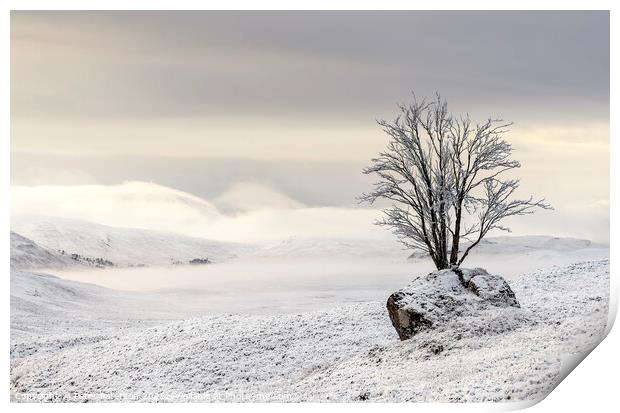 Misty Snow Scene looking towards Loch Tulla Scotla Print by Peter Paterson