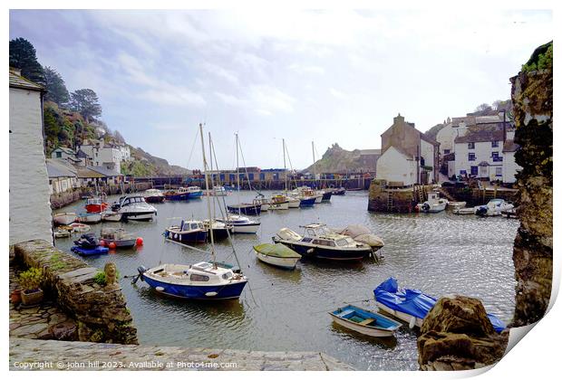 Polpero Cornish harbour in March. Print by john hill