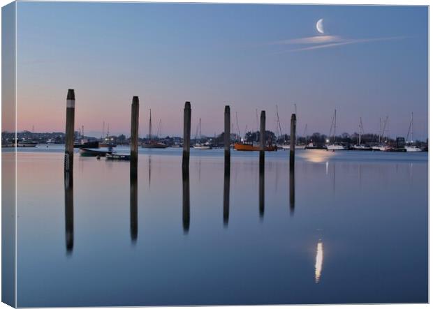 Moon down over Brightlingsea Hard  Canvas Print by Tony lopez