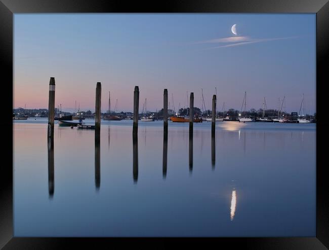 Moon down over Brightlingsea Hard  Framed Print by Tony lopez