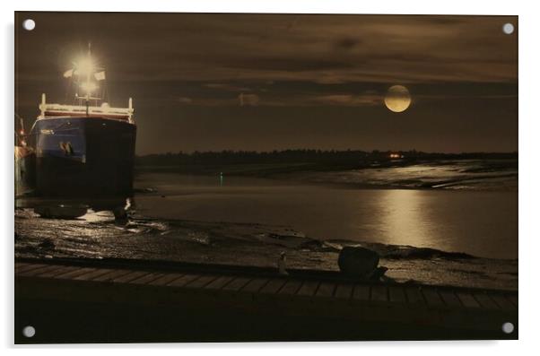 Moon down over the Brightlingsea Harbour at low tide  Acrylic by Tony lopez