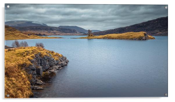 Loch Assynt and Ardvreck Castle Panorama Acrylic by John Frid