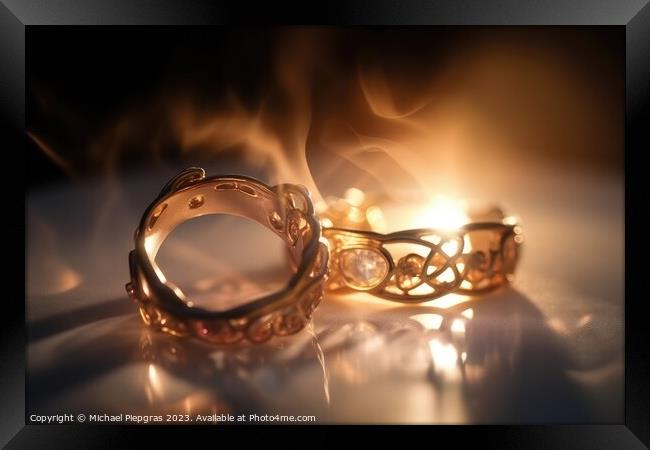 Two wedding rings made of light and energy created with generati Framed Print by Michael Piepgras
