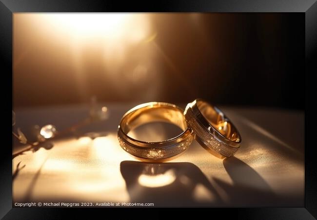 Two wedding rings made of light and energy created with generati Framed Print by Michael Piepgras