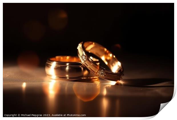 Two wedding rings made of light and energy created with generati Print by Michael Piepgras