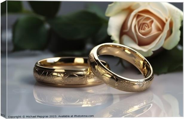 Two wedding rings made of gold on a light surface with some rose Canvas Print by Michael Piepgras