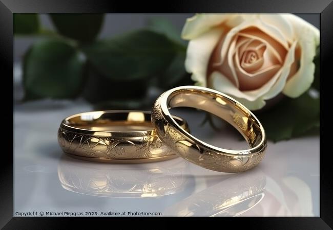 Two wedding rings made of gold on a light surface with some rose Framed Print by Michael Piepgras