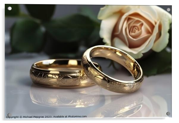 Two wedding rings made of gold on a light surface with some rose Acrylic by Michael Piepgras