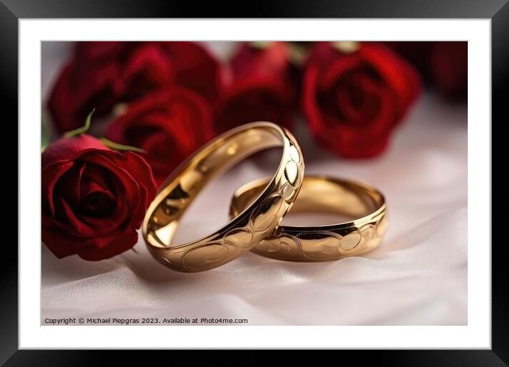 Two wedding rings made of gold on a light surface with some rose Framed Mounted Print by Michael Piepgras