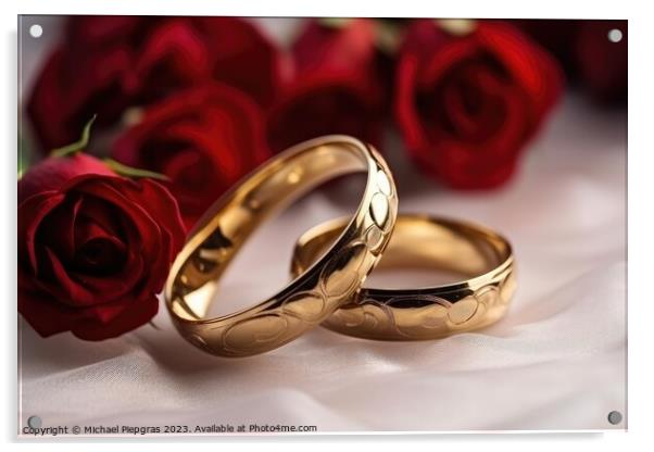 Two wedding rings made of gold on a light surface with some rose Acrylic by Michael Piepgras