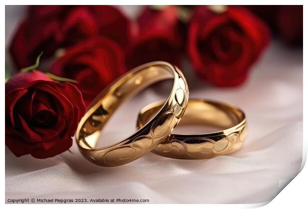 Two wedding rings made of gold on a light surface with some rose Print by Michael Piepgras