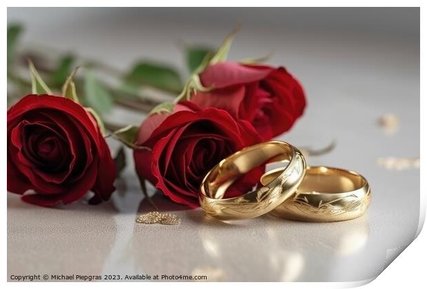 Two wedding rings made of gold on a light surface with some rose Print by Michael Piepgras