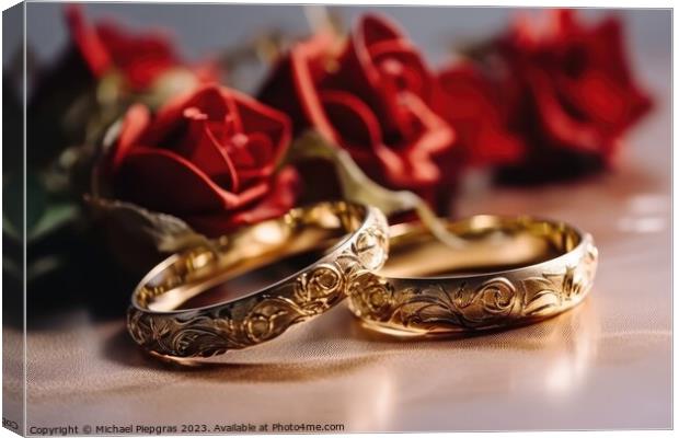Two wedding rings made of gold on a light surface with some rose Canvas Print by Michael Piepgras