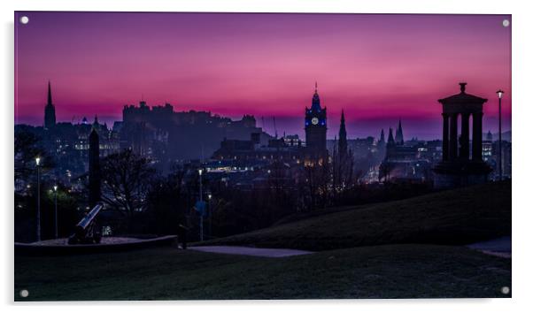 Edinburgh Skyline at Sunset from Caltom Hill Acrylic by John Frid