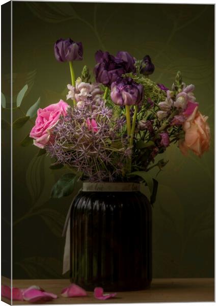 Flowers in a glass vase  Canvas Print by Steve Taylor
