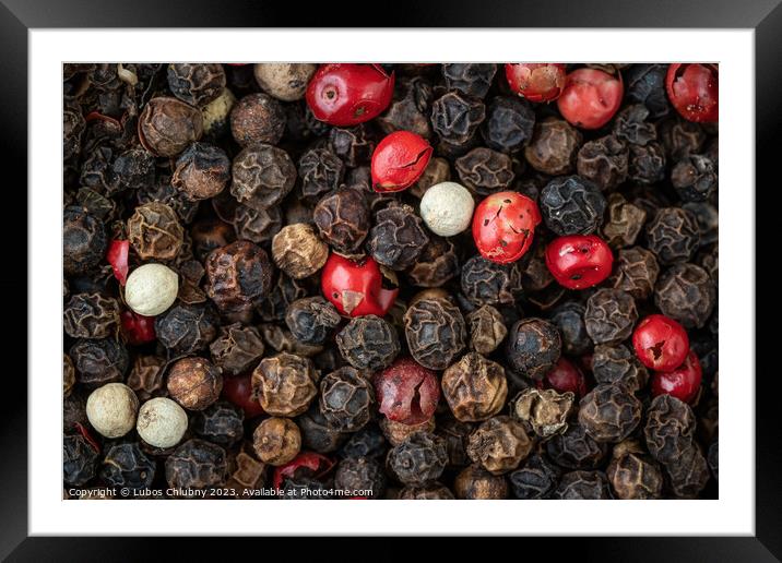 Mixed peppercorns background. Different colored peppercorns Framed Mounted Print by Lubos Chlubny
