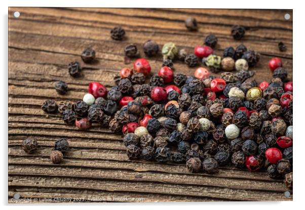 Peppercorns on dark rustic wooden background. Mix of different peppers Acrylic by Lubos Chlubny