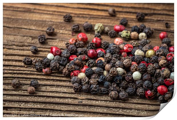 Peppercorns on dark rustic wooden background. Mix of different peppers Print by Lubos Chlubny