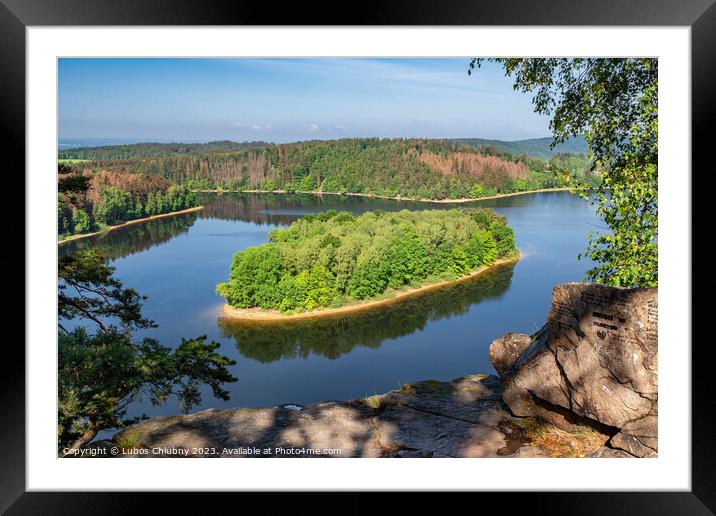 Lake and island with trees. Water reservoir Sec, Czech Republic, Europe Framed Mounted Print by Lubos Chlubny