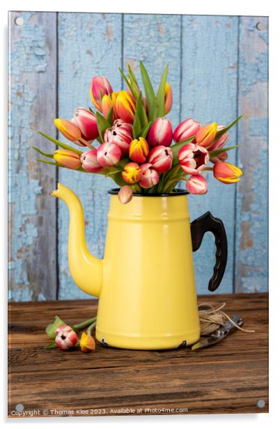 Colorful tulips in old enamel coffee pot Acrylic by Thomas Klee