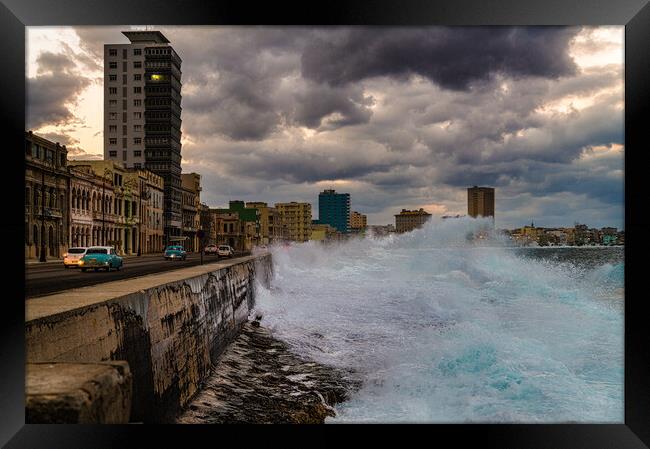 High Seas On The Malecón Framed Print by Chris Lord