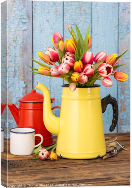 Colorful tulips in old enamel coffee pot Canvas Print by Thomas Klee