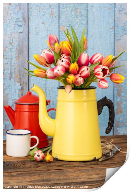 Colorful tulips in old enamel coffee pot Print by Thomas Klee