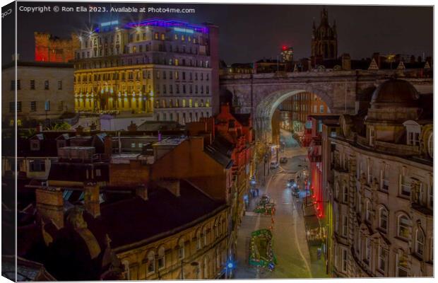 Nighttime Splendor: Newcastle's Tyne Bridge View Canvas Print by Ron Ella