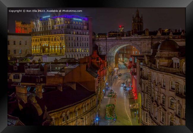 Nighttime Splendor: Newcastle's Tyne Bridge View Framed Print by Ron Ella