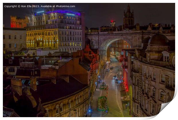 Nighttime Splendor: Newcastle's Tyne Bridge View Print by Ron Ella