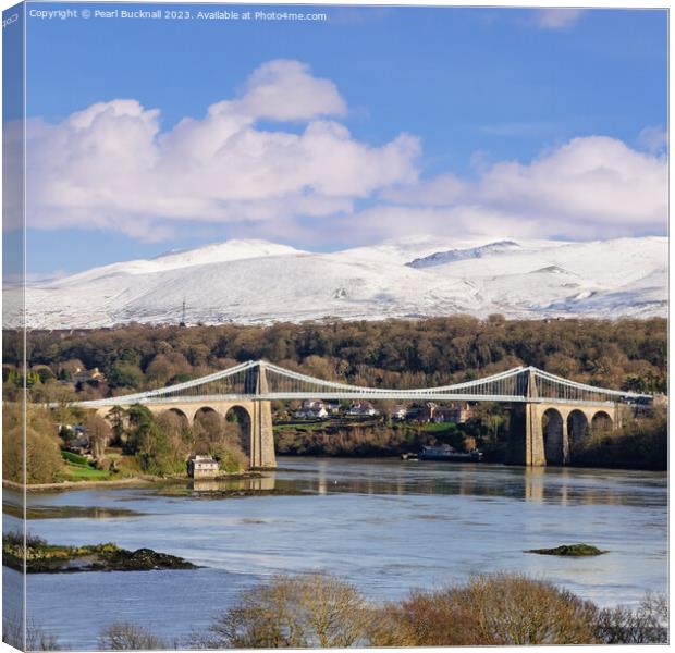Menai Bridge and Mountains from Anglesey Canvas Print by Pearl Bucknall