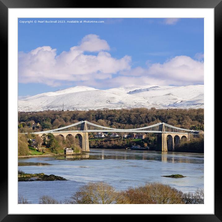 Menai Bridge and Mountains from Anglesey Framed Mounted Print by Pearl Bucknall