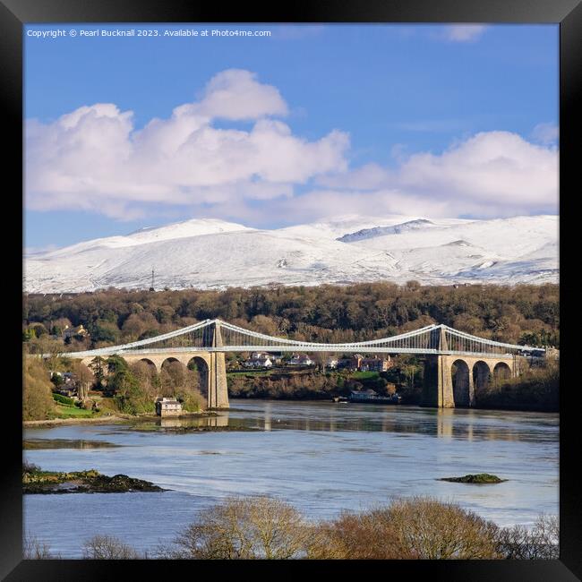 Menai Bridge and Mountains from Anglesey Framed Print by Pearl Bucknall