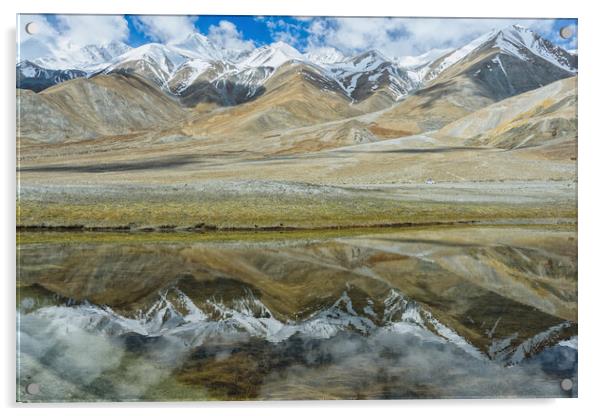 reflection of mountain in lake water Acrylic by NITYANANDA MUKHERJEE