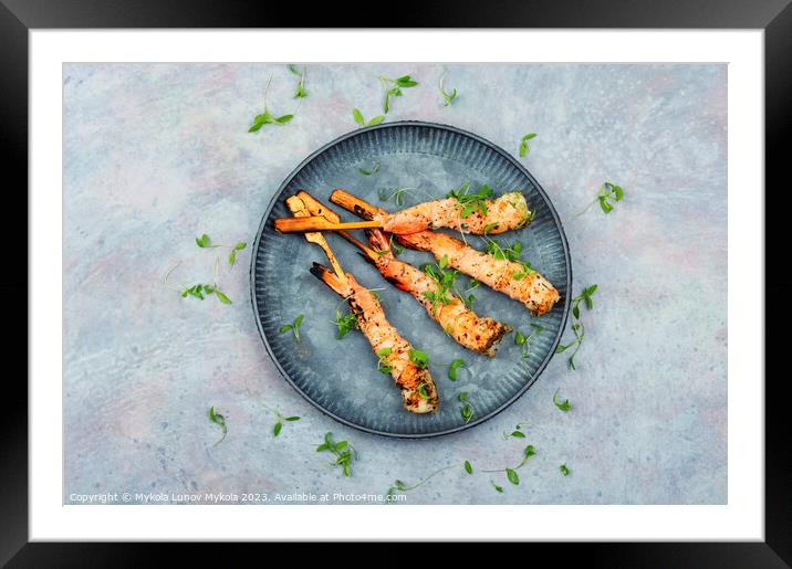 Shrimps prawns skewers with herbs Framed Mounted Print by Mykola Lunov Mykola