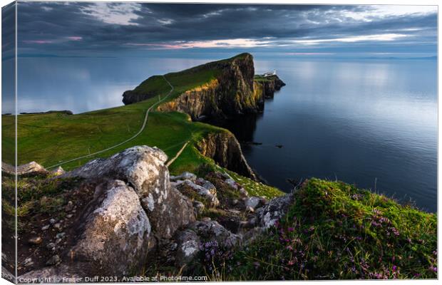 Neist Point Lighthouse at Sunset, Isle of Skye Canvas Print by Fraser Duff