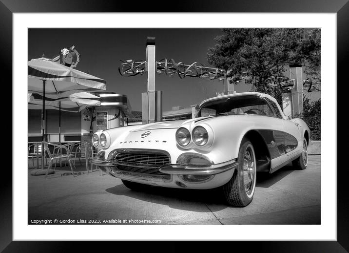 50s Corvette at the diner Framed Mounted Print by Gordon Elias